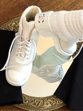 Chanel 36.5 * Gently Used * Rare White Patent Tweed Lace up Boots